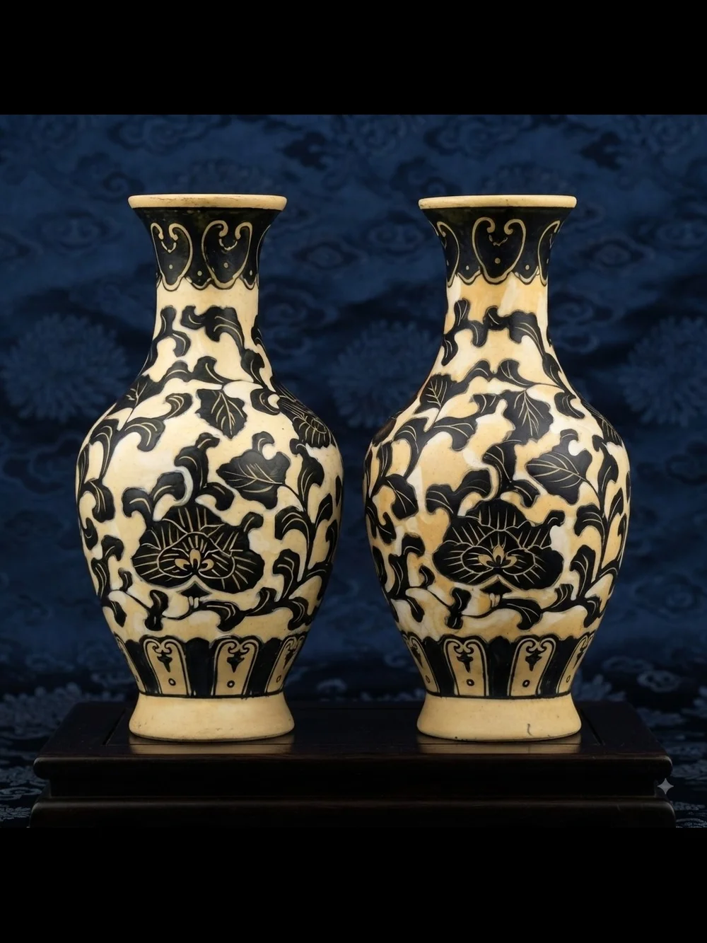 Vintage Pair of Japanese Ceramic Vases Harlequin Floral